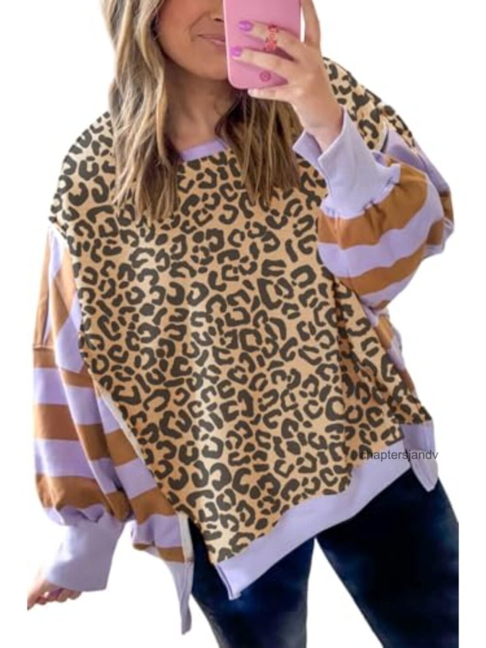 Women's Leopard Striped Color Block Sweatshirt Drop Shoulder Side Slit Pullover